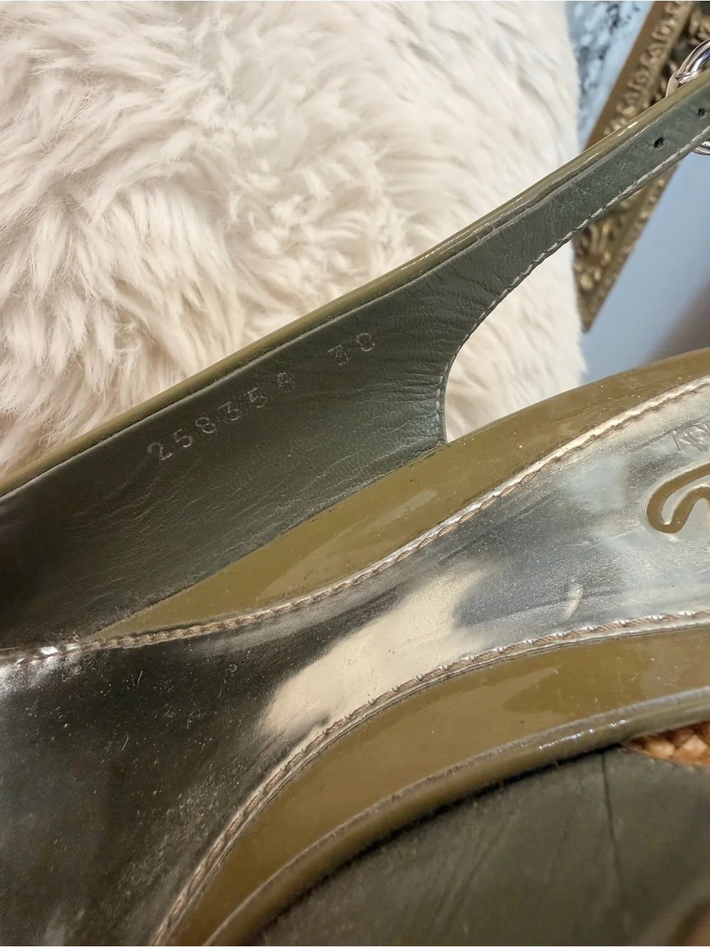 Gucci Olive Patent Leather Raffia Wedge Slingback